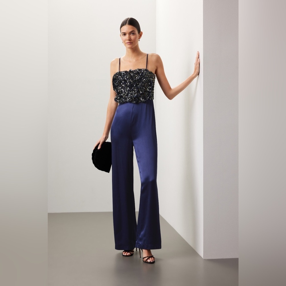Badgley Mischka Sequin Navy Jumpsuit. NWOT!